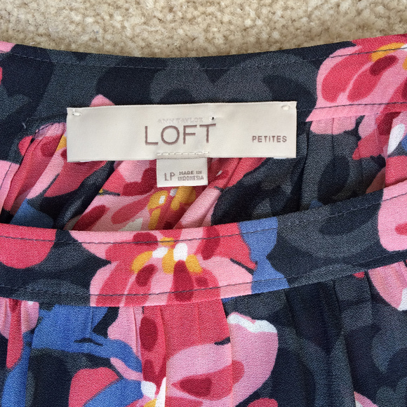 LOFT Gray Pink Floral Blossom Peasant Blouse LP - Picture 3 of 5